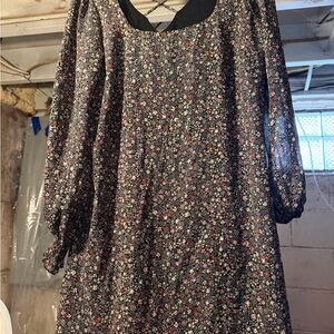 Black Floral Long-Sleeve Smock Dress with Pink and Red Blooms